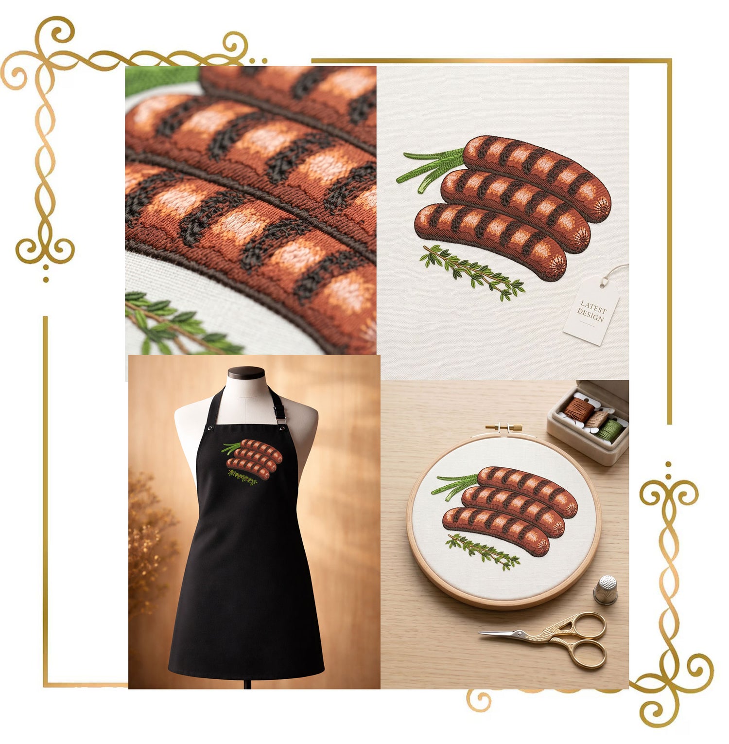 Grilled Sausages Embroidery Design – Sausages with Green Onion & Thyme, Kitchen Decor Machine Embroidery BBQ Grill