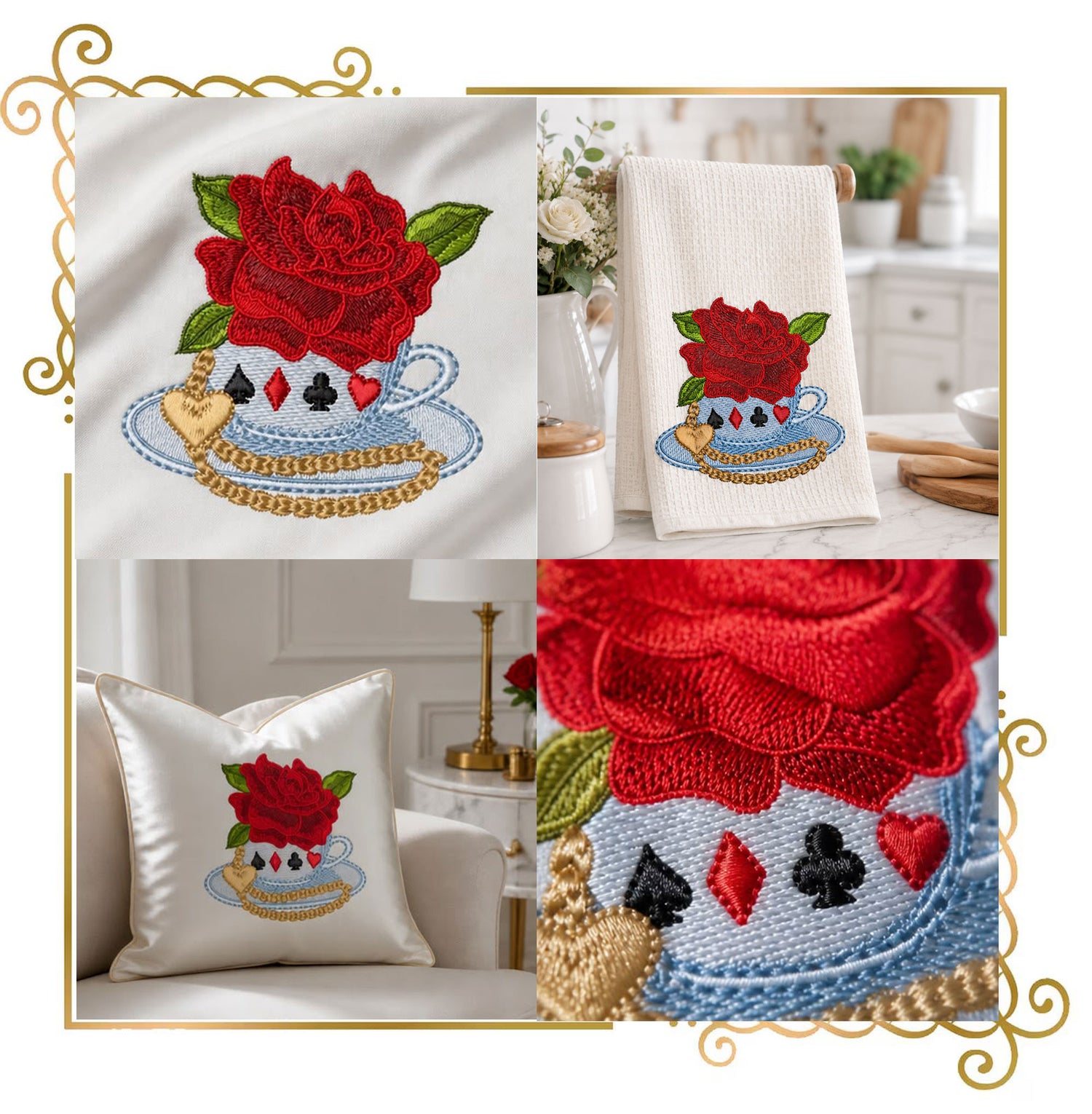 Princess Alice in Wonderland Tea Cup Machine Embroidery Design | Rose Teacup Embroidery | Wonderland Floral Cup |  Digital Download