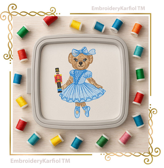 Nutcracker Ballerina Bear Embroidery Design – Christmas Ballerina Machine Embroidery Pattern