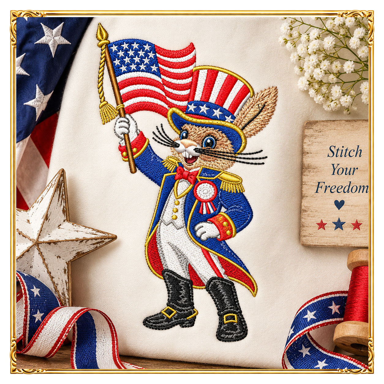 Anthropomorphic  animals Patriotic Uncle Sam Bunny Embroidery Design, 4th of July,  (Digital Download)