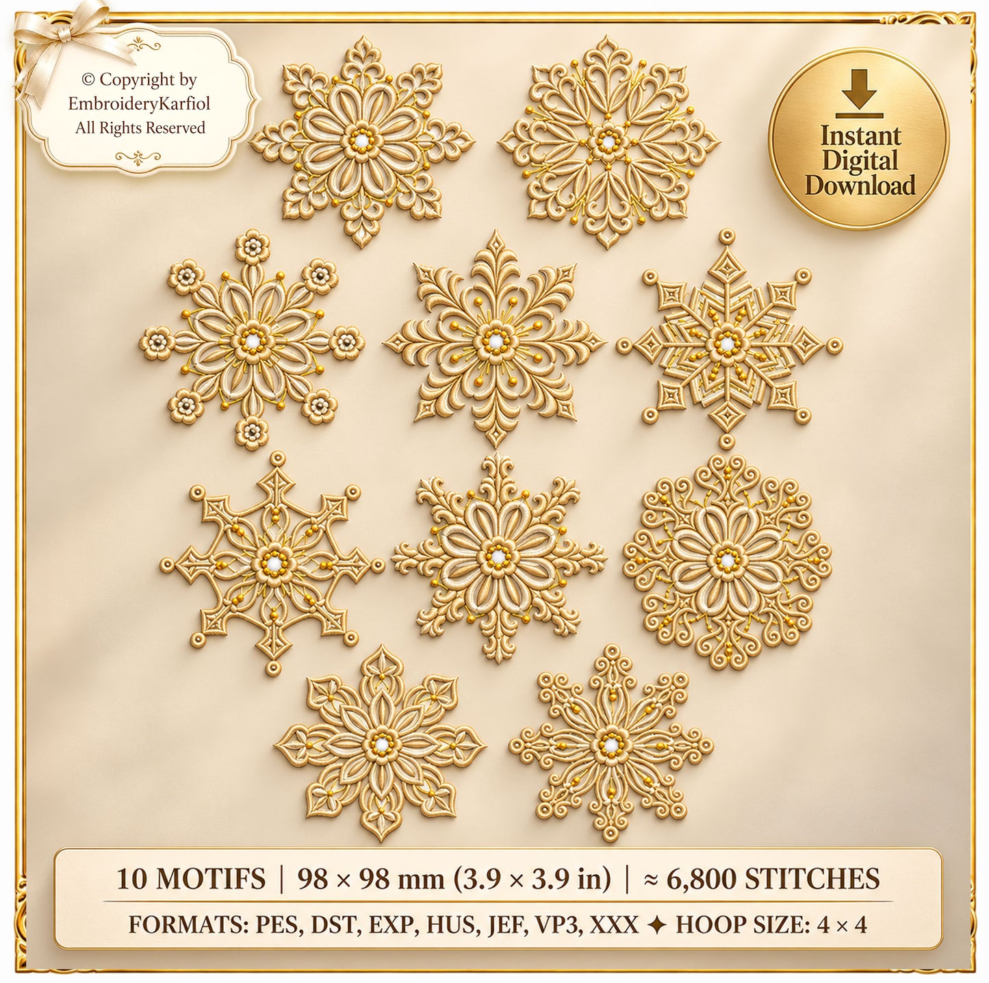 Snowflake Set Embroidery Design, 10 Winter Motifs, Christmas Ornament Bundle (Instant Download)
Set of 10 delicate snowflake machine embroidery designs with fine crystal lines, symmetrical winter motifs for Christmas projects.