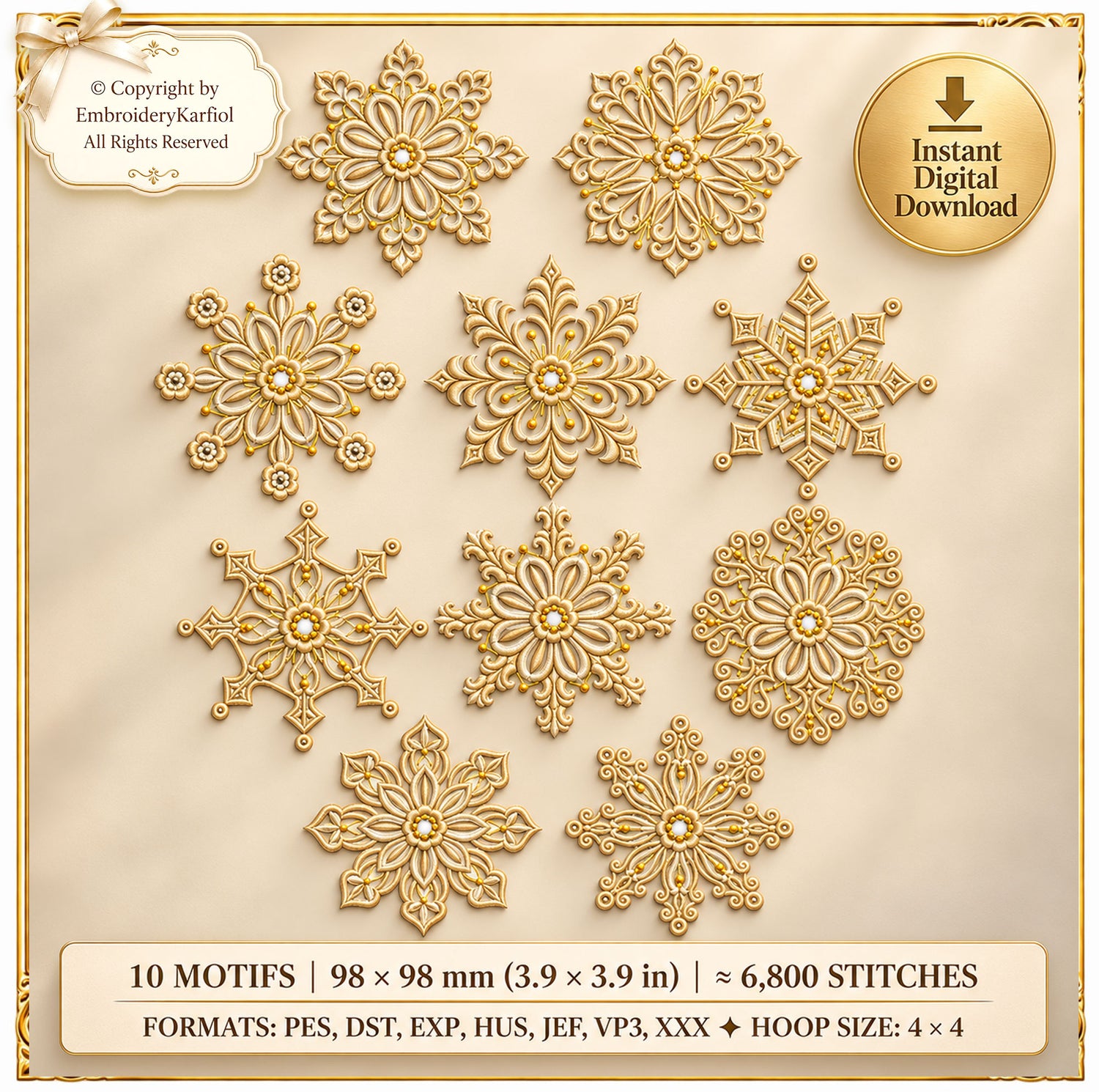Snowflake Set Embroidery Design, 10 Winter Motifs, Christmas Ornament Bundle (Instant Download)
Set of 10 delicate snowflake machine embroidery designs with fine crystal lines, symmetrical winter motifs for Christmas projects.
