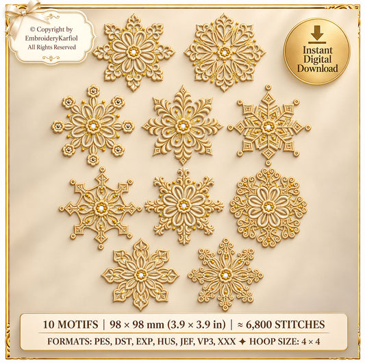 Snowflake Set Embroidery Design, 10 Winter Motifs, Christmas Ornament Bundle (Instant Download)
Set of 10 delicate snowflake machine embroidery designs with fine crystal lines, symmetrical winter motifs for Christmas projects.