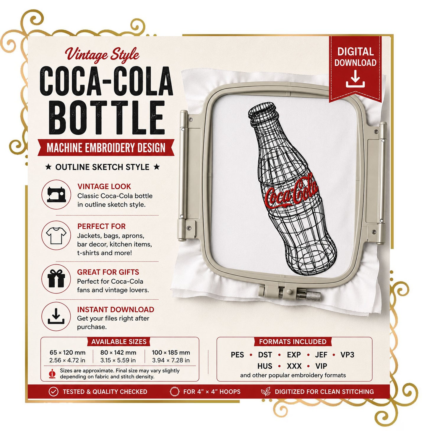 Coca-Cola Bottle Machine Embroidery Design | Vintage Soda Bottle Outline | Sketch Style Embroidery File (Digital Download)