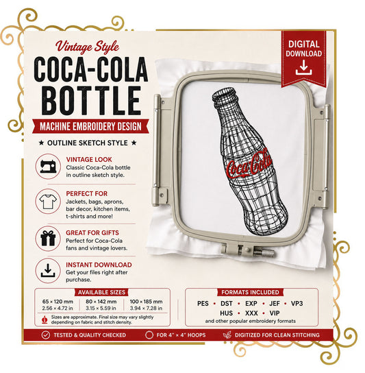 Coca-Cola Bottle Machine Embroidery Design | Vintage Soda Bottle Outline | Sketch Style Embroidery File (Digital Download)