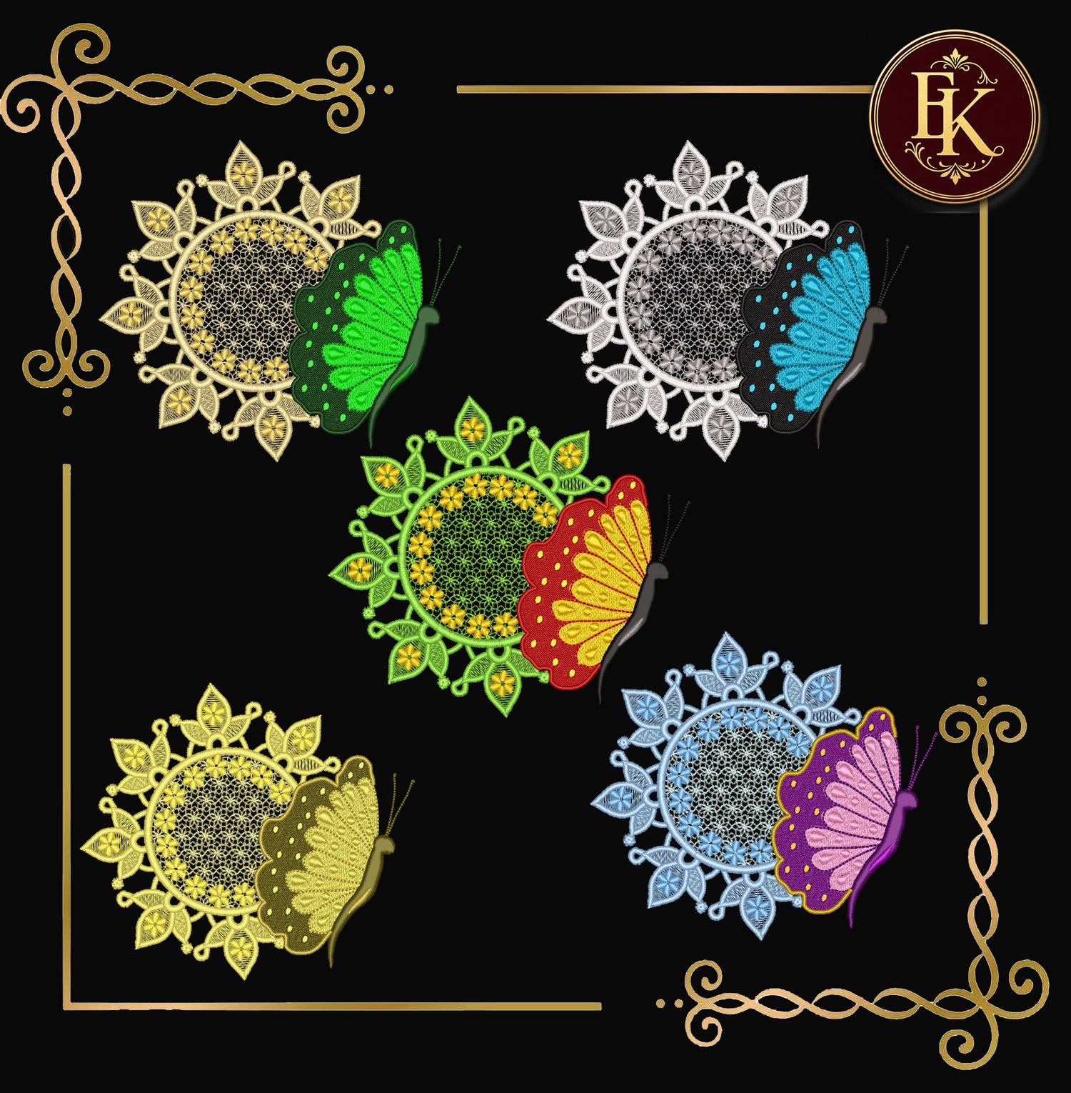 Butterfly Mandala Machine Embroidery Design | Lace Floral Circle with Butterfly | 2 Sizes | Instant Download