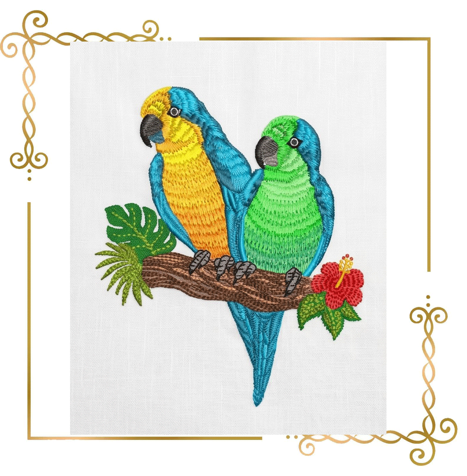 Tropical Parrots Embroidery Design – Two Macaws with Hibiscus & Exotic Leaves Digitai Download