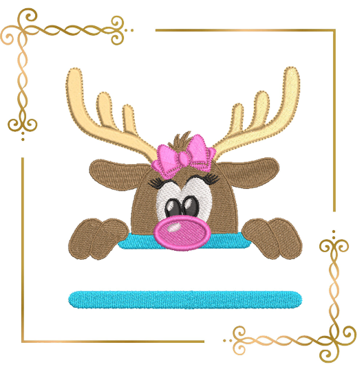 Christmas little girl reindeer with a bow Deer digital machine embroidery design