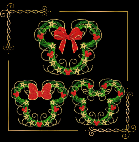 Christmas Wreath Minnie Mouse Mickey Mouse bow stars mistletoe machine embroidery design digital