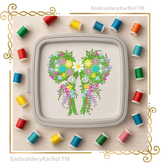 Floral Bow Embroidery Design, Spring Flower Ribbon, Botanical Garden Machine File