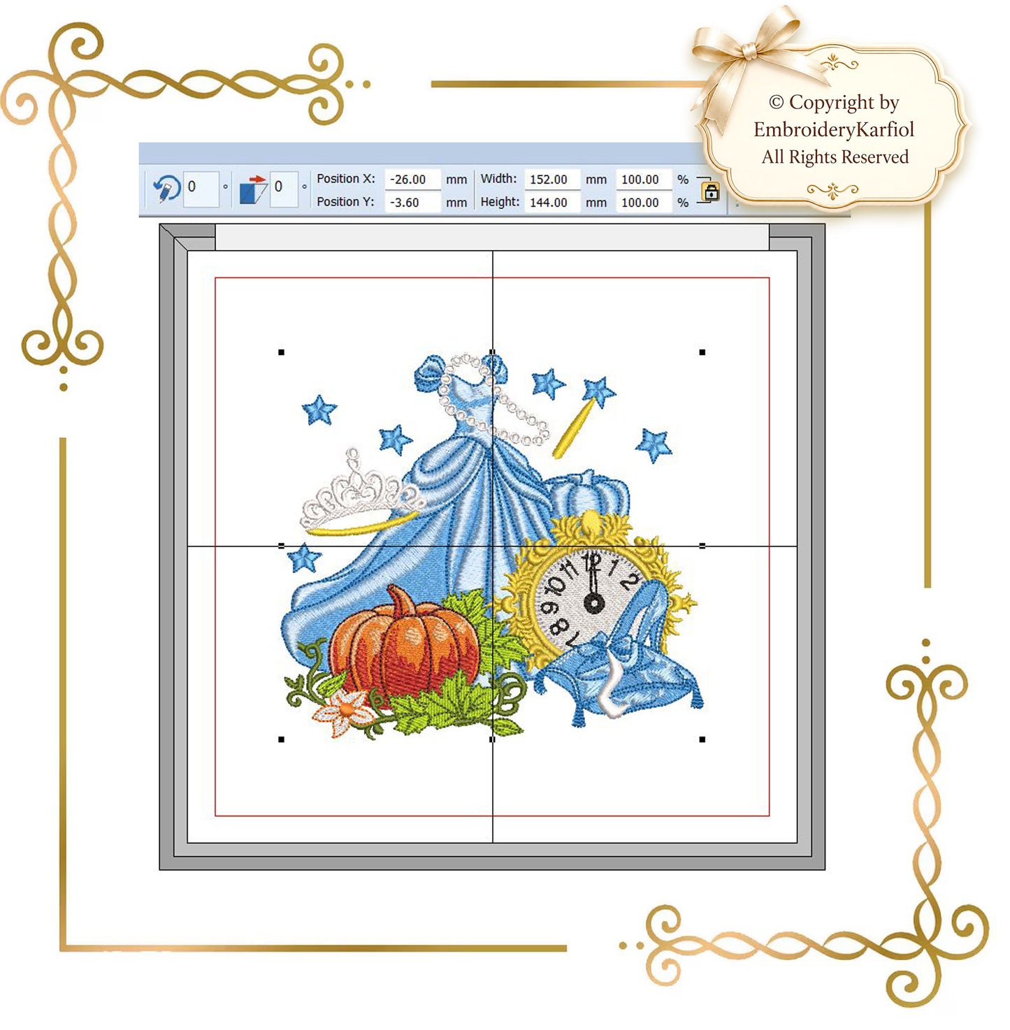 Fairytale Princess Embroidery Design, Cinderella Inspired Dress, Pumpkin Clock Glass Slipper, Machine Embroidery File