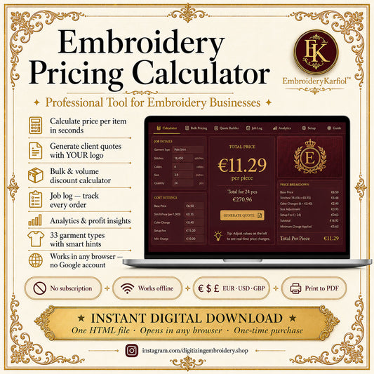 Embroidery Pricing Calculator — Interactive HTML Tool, Quote Builder, Job Log, Bulk Pricing, No Google Sheets - Digital Download