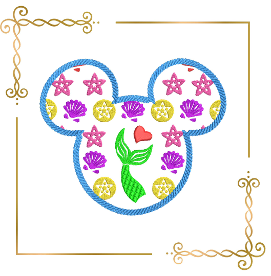 Princess Ariel Minnie mouse head mermaid tail seashells stars machine embroidery design