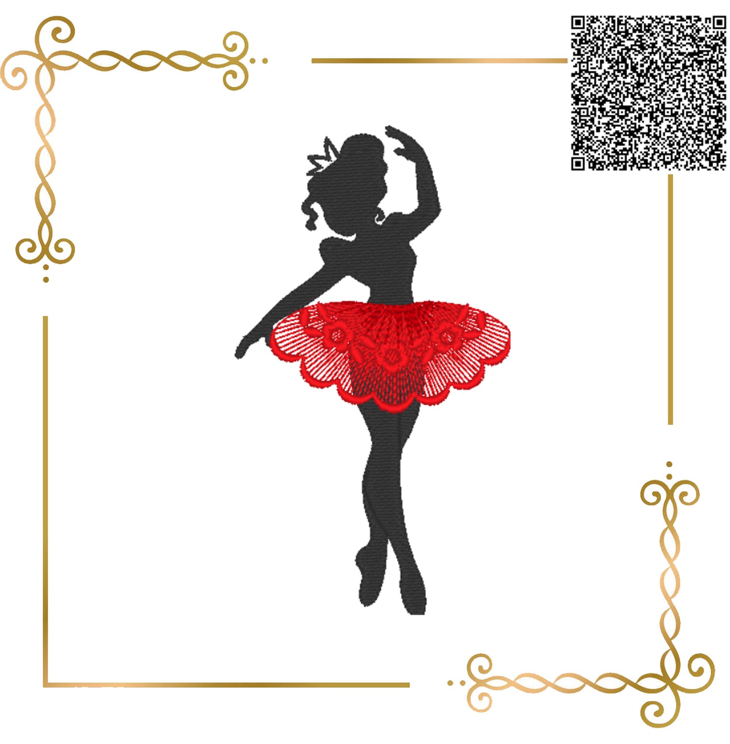Ballerina Embroidery Design – Elegant Ballet Girl with Lace Tutu – Machine Embroidery File