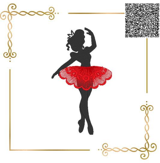 Ballerina Embroidery Design – Elegant Ballet Girl with Lace Tutu – Machine Embroidery File