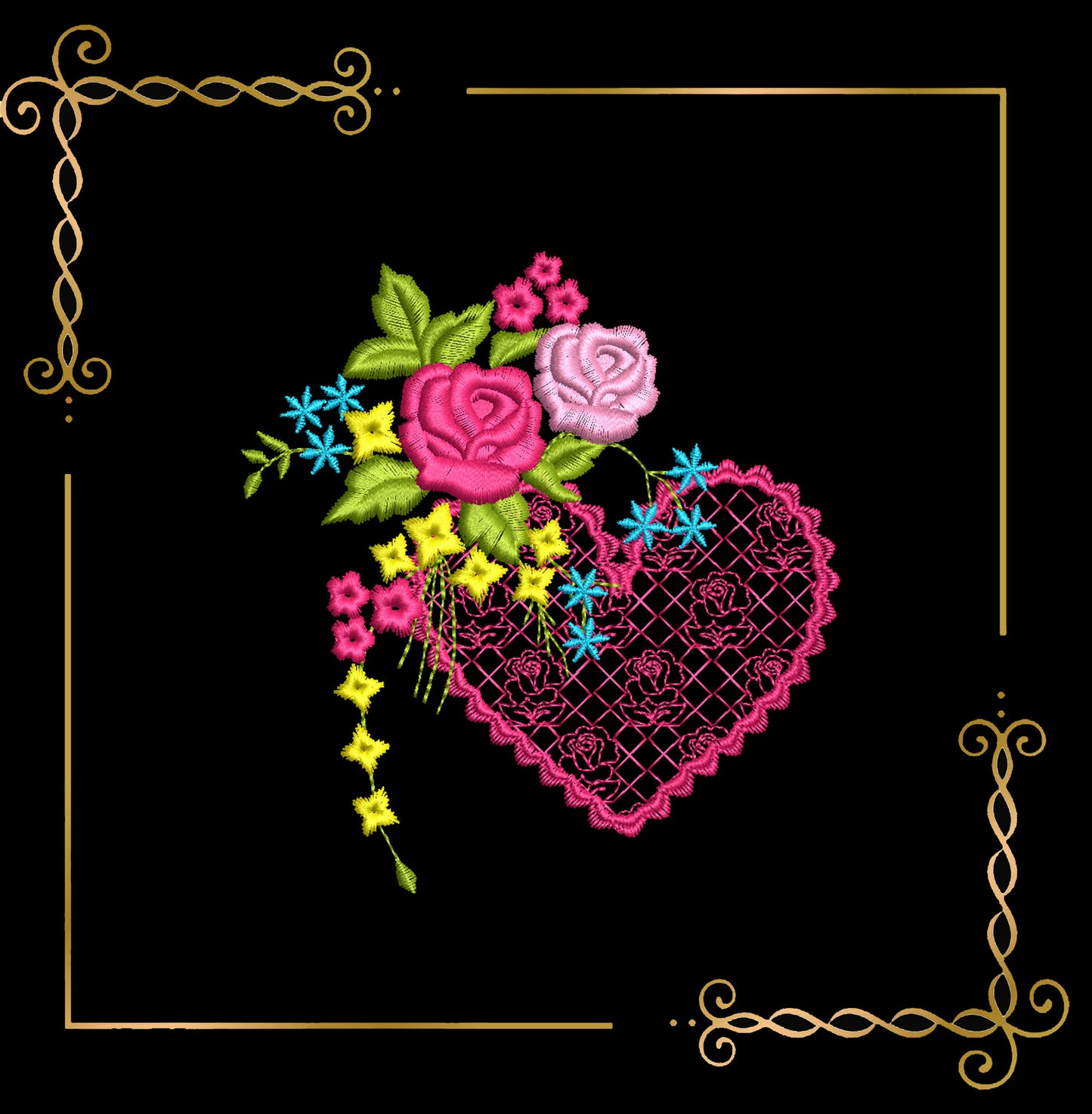 Flowers Floral Heart Embroidery Design with Roses and Lace 1 Size