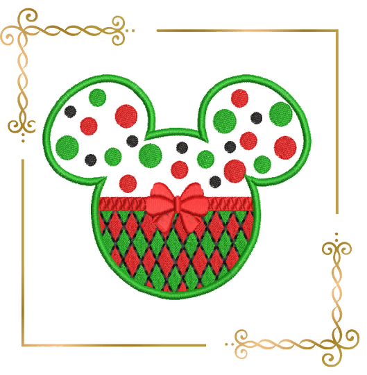 Applique Mickey Mouse Head Christmas bow multicolor  Disney digital embroidery design