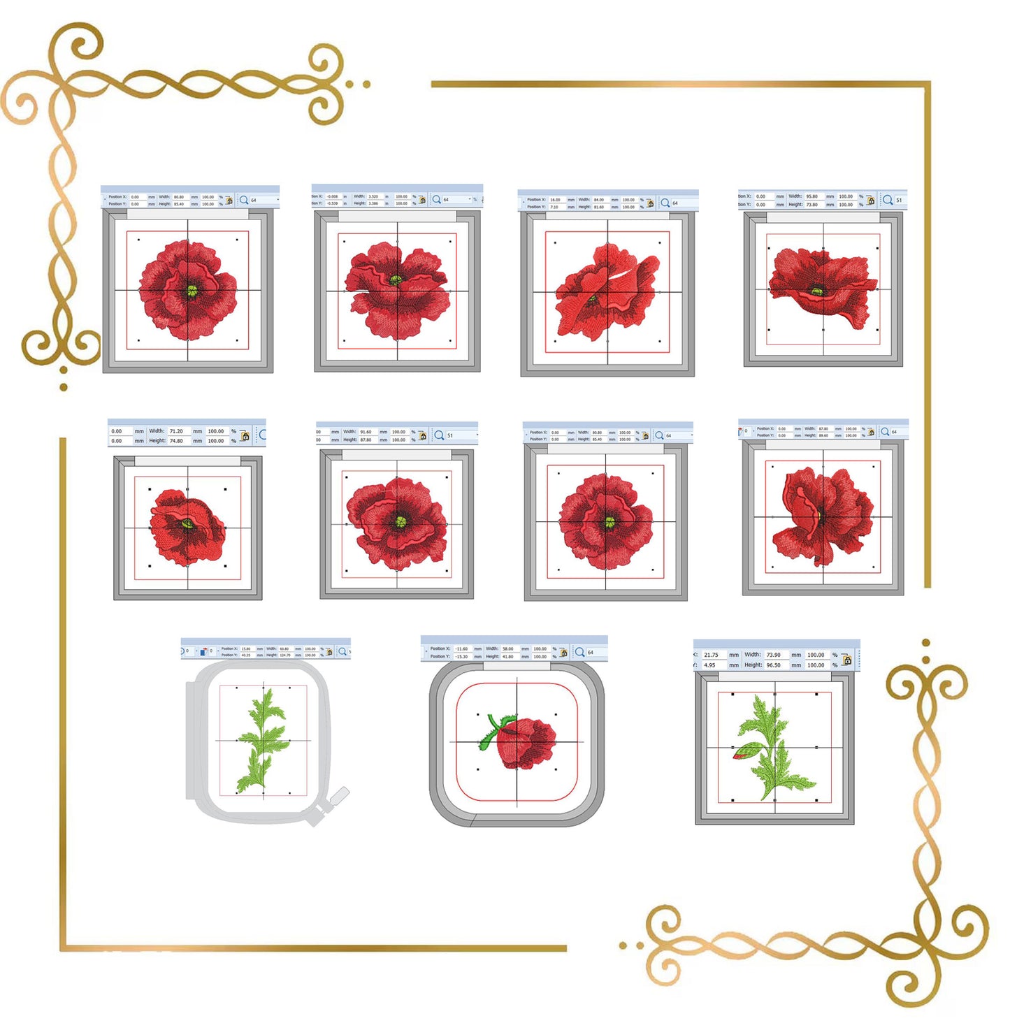Flowers Machine Embroidery Design Set | Red 8 Poppies 2 Leaves Bud | Floral Embroidery Pattern for Dress Apron Pillow Bag Decor