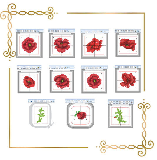 Flowers Machine Embroidery Design Set | Red 8 Poppies 2 Leaves Bud | Floral Embroidery Pattern for Dress Apron Pillow Bag Decor