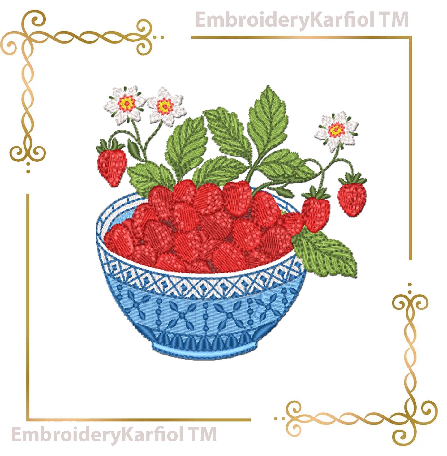 Embroidery Design Wild Strawberries Blue Bowl : Floral Summer Fruit Pattern (4x4 inches) 