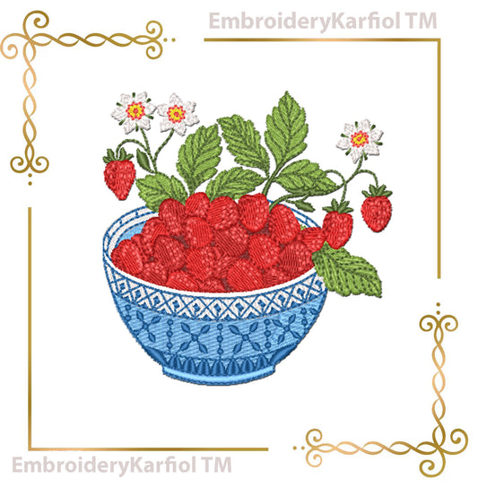 Embroidery Design Wild Strawberries Blue Bowl : Floral Summer Fruit Pattern (4x4 inches)