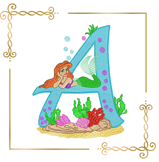 Alphabet applique letter Princess Ariel Disney little mermaid Disney machine embroidery design