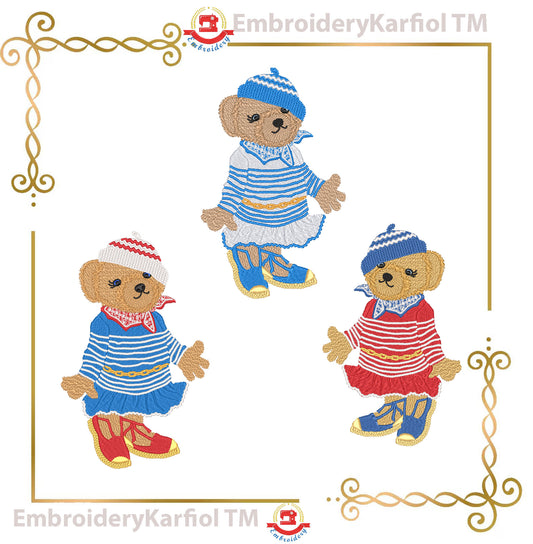 Teddy Bear - Super Fashion polo bear, girl Sea, cartoon character, Nautical Cartoon, 4 Sizes (Digital Download) embroidery design