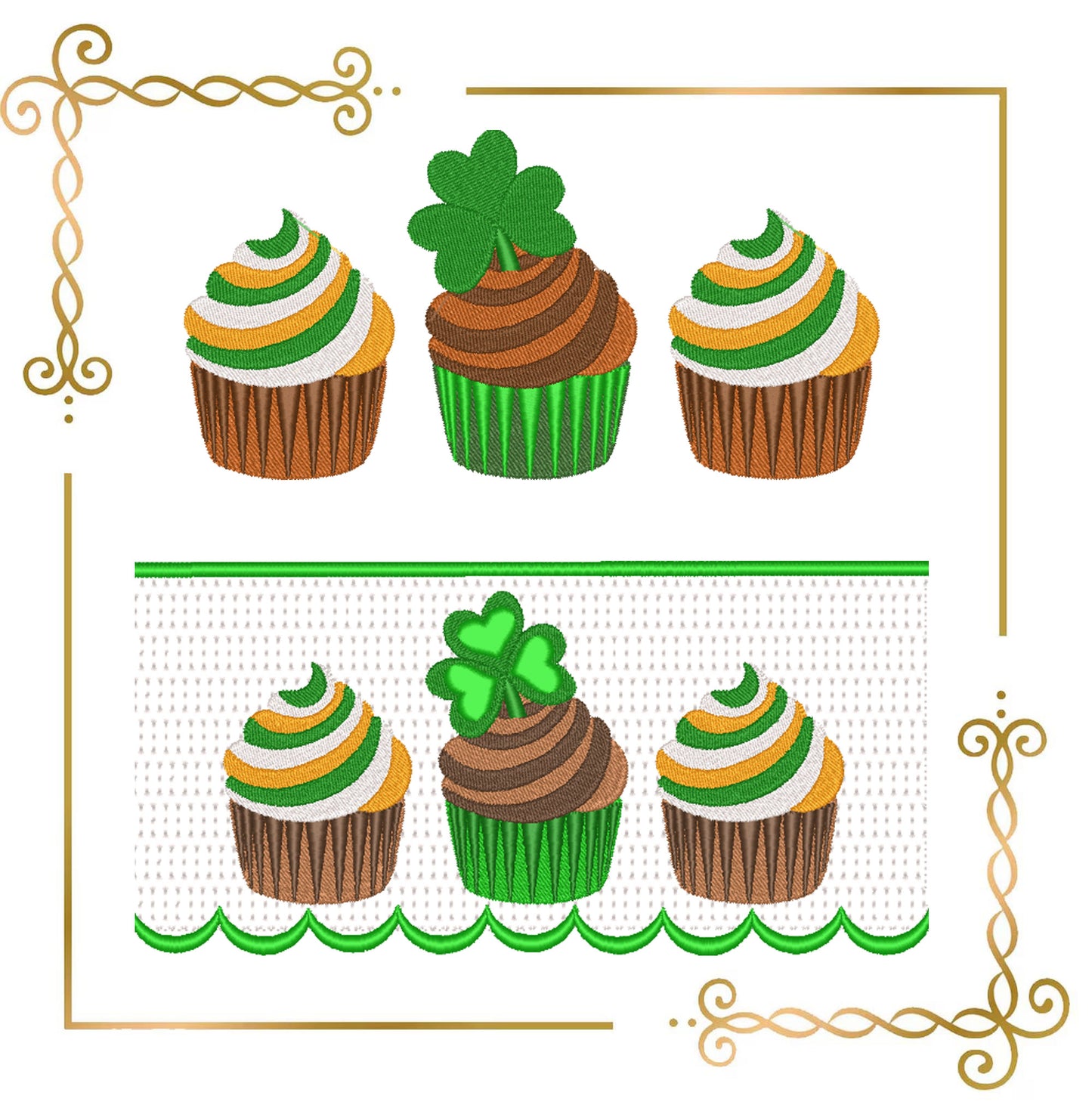 St Patrick Cupcake Embroidery Design Smocking Border Shamrock Instant Download