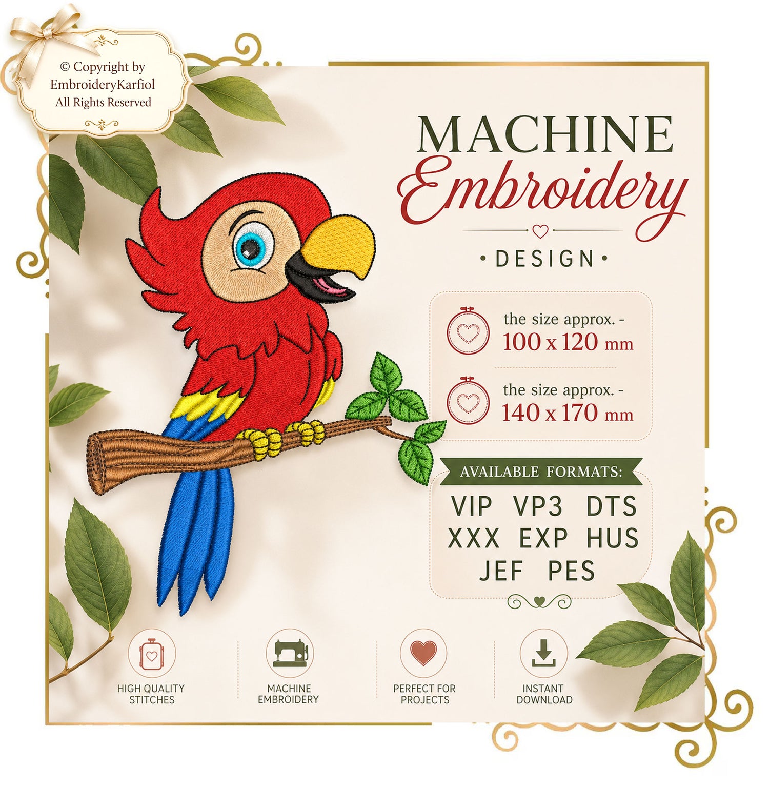 Cartoon Characters Parrot on a branch  2 sizes embroidery design to the direct download gift for child