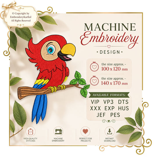 Cartoon Characters Parrot on a branch  2 sizes embroidery design to the direct download gift for child