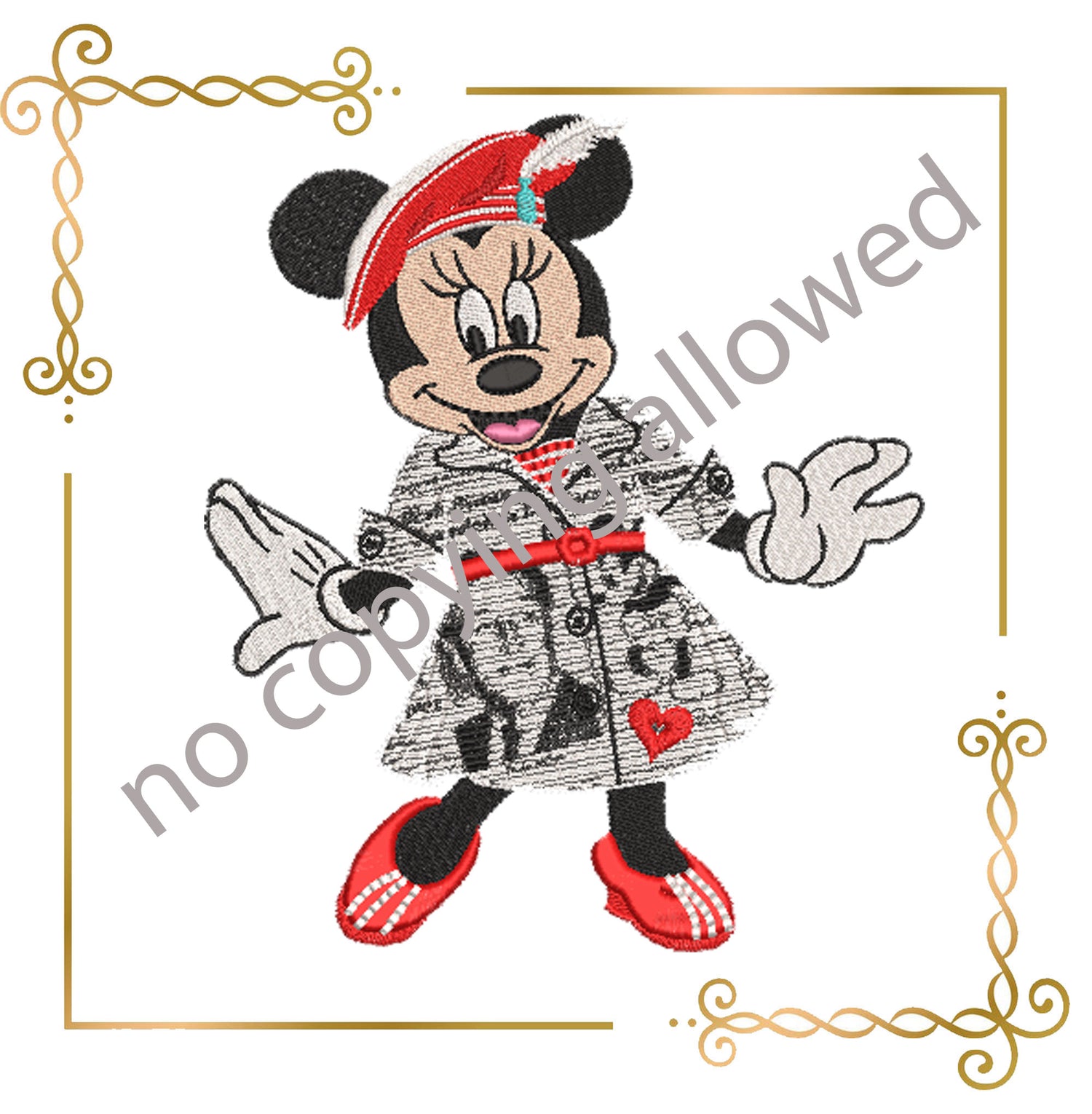 Minnie Mouse in beret and dress newspaper, poet digital embroidery design