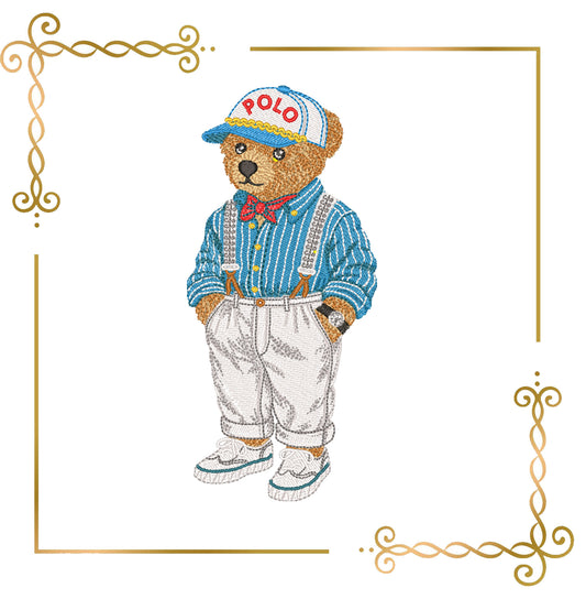 Teddy Bear Vintage Nautical Bear Embroidery Design Polo Style – Retro Teddy in Suspenders & Cap 3 Sizes