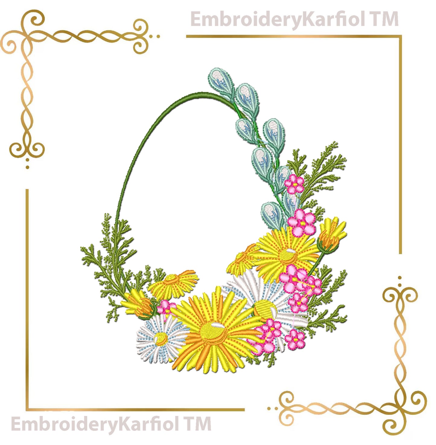 Easter  machine embroidery designs: a floral Easter egg wreath with flowers and greenery