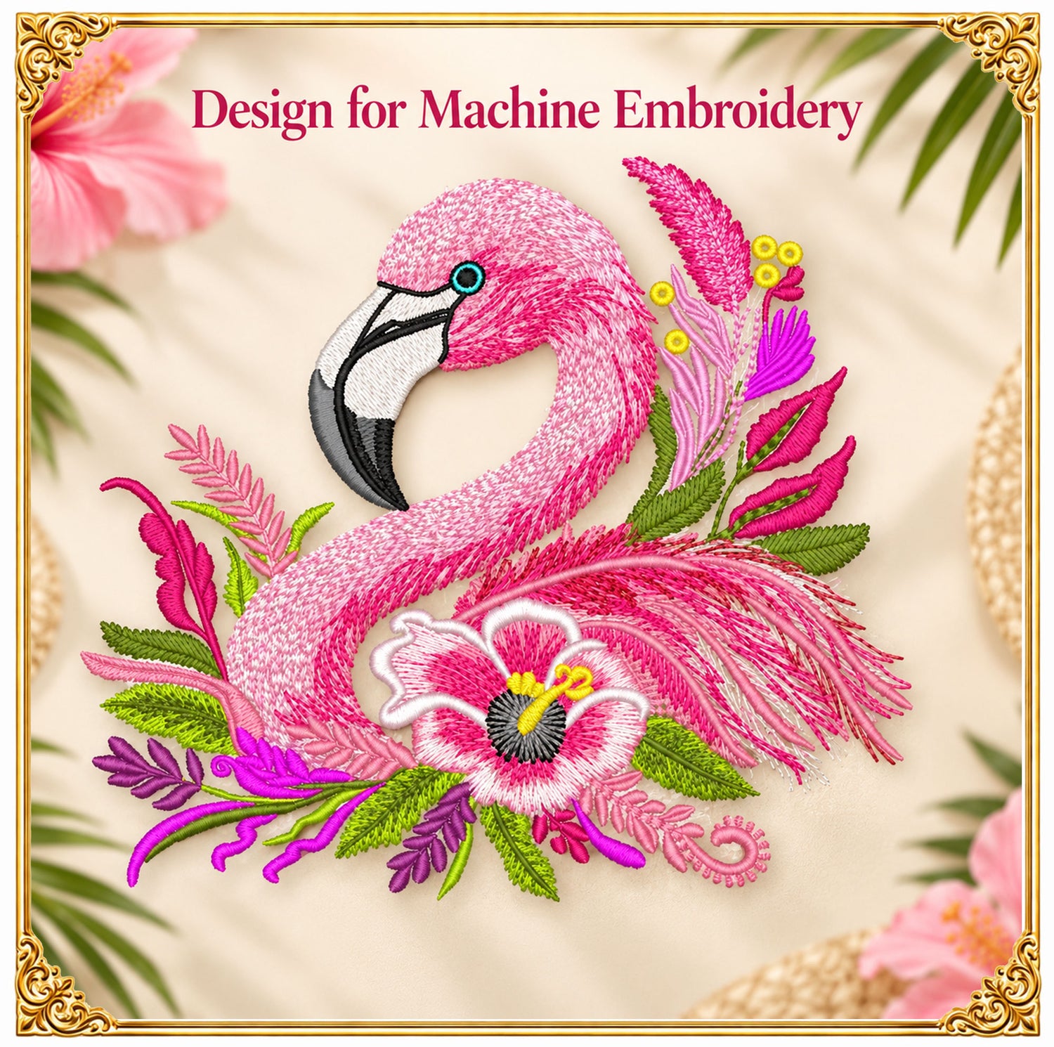 Pink tropical flamingo machine embroidery design decorated with lush summer flowers, digitized in a trendy modern style with smooth satin and fill stitches.