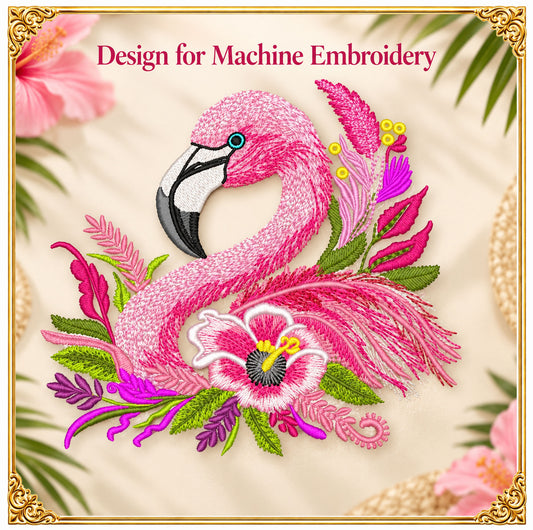 Pink tropical flamingo machine embroidery design decorated with lush summer flowers, digitized in a trendy modern style with smooth satin and fill stitches.