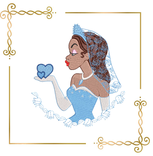 Princess Tiana Disney and heart  digital embroidery design