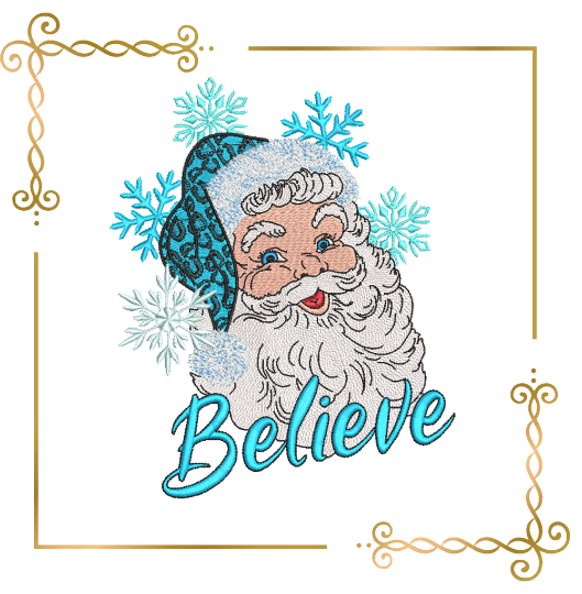 Winter super trendy Santa Claus Believe Christmas lettering Believe embroidery design 