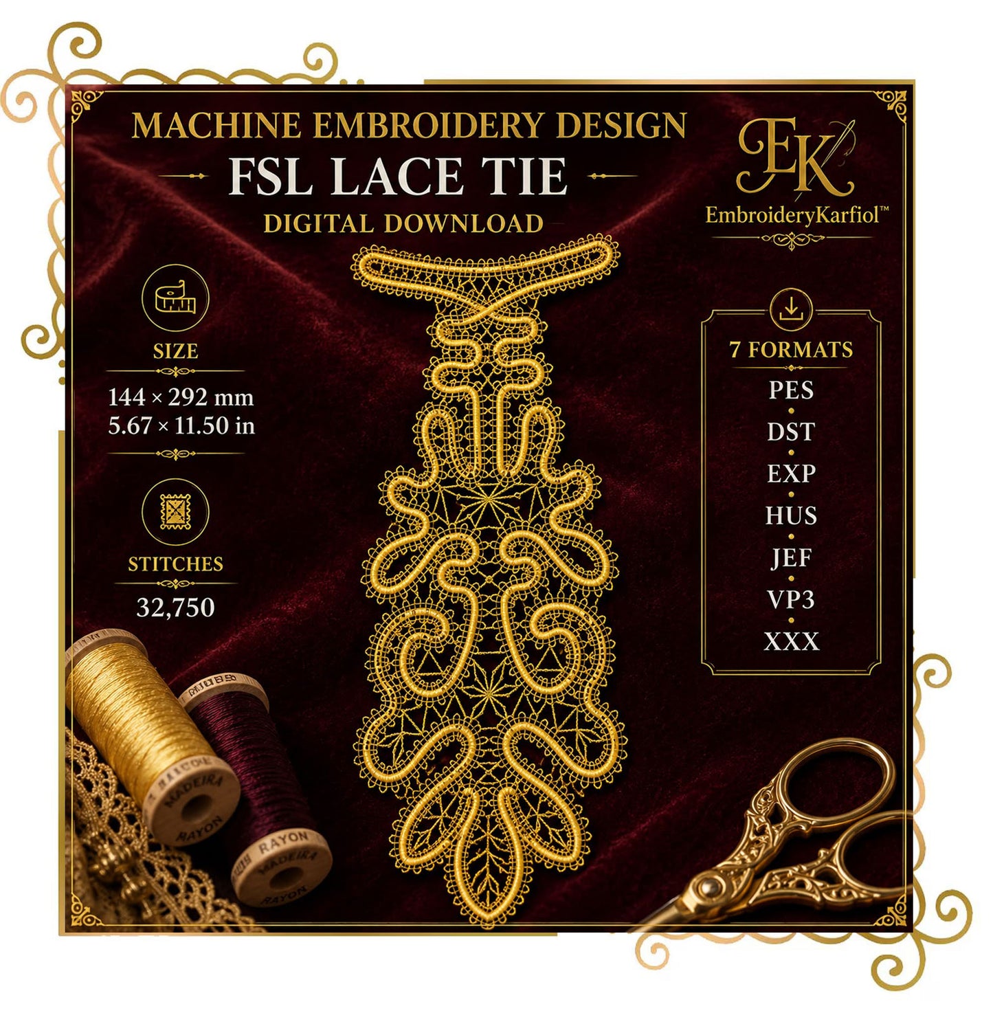 FSL Lace Tie Embroidery Design, Freestanding Victorian Neckpiece,  Digital Download