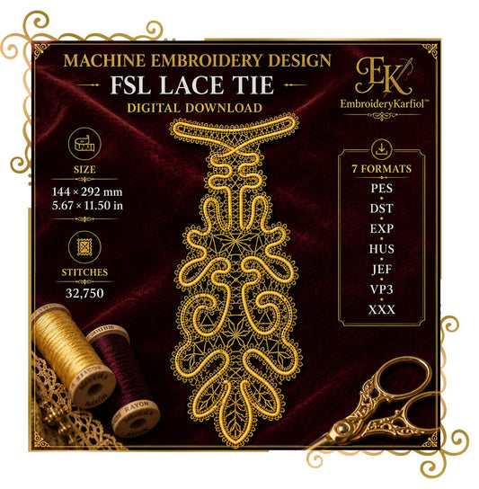 FSL Lace Tie Embroidery Design, Freestanding Victorian Neckpiece, Digital Download