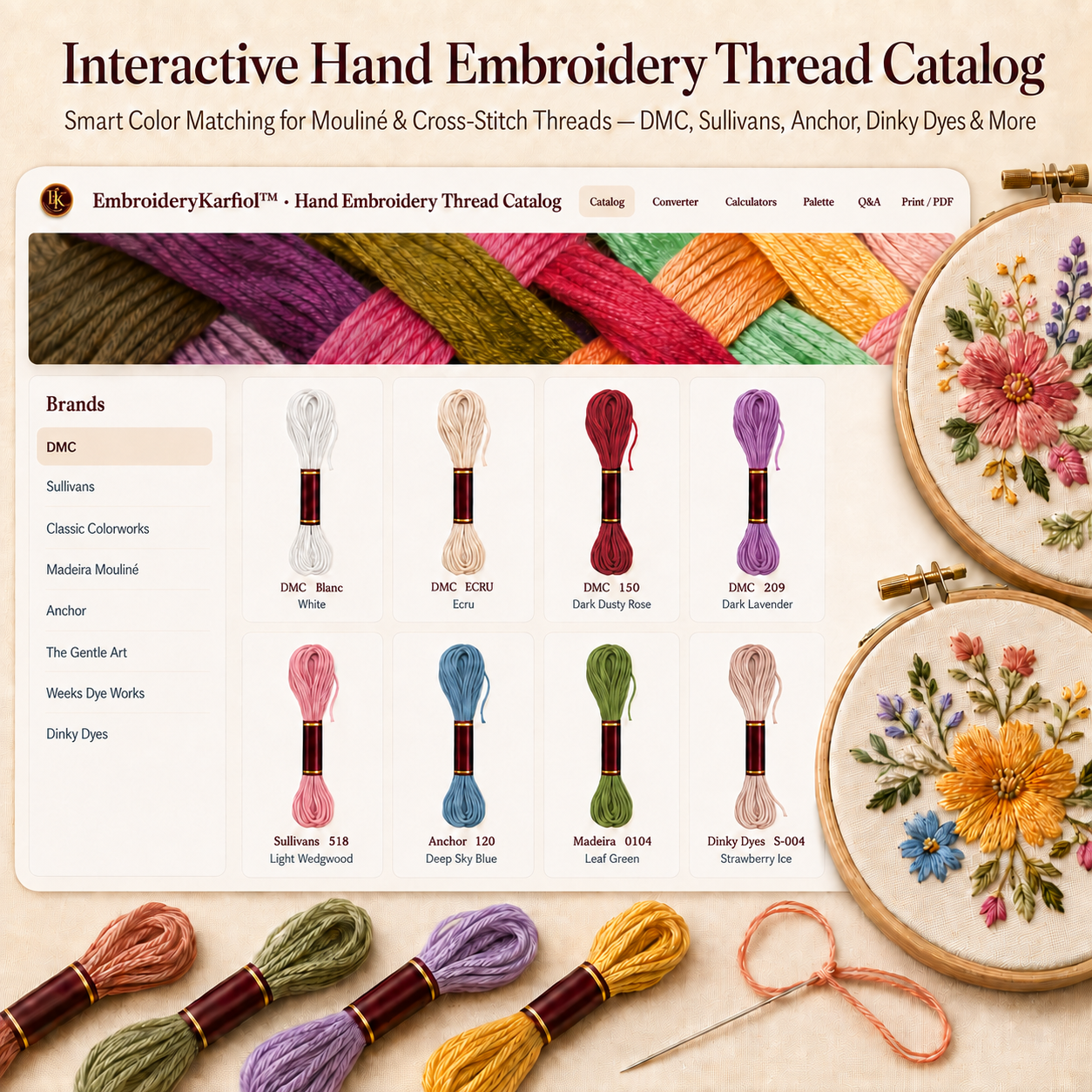 Interactive Hand Embroidery Thread Catalog | DMC Floss Converter, Color Matching, Cross Stitch Calculators & Palette