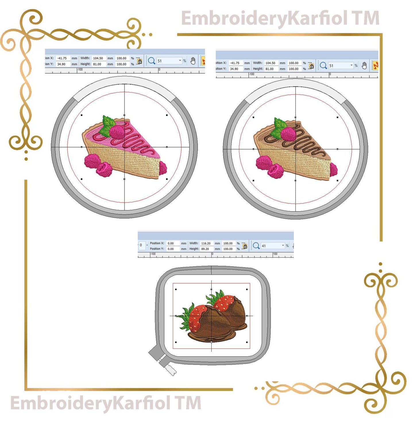 Dessert Embroidery Design Set – Chocolate, Raspberry Cakes, Strawberries (Instant Download)