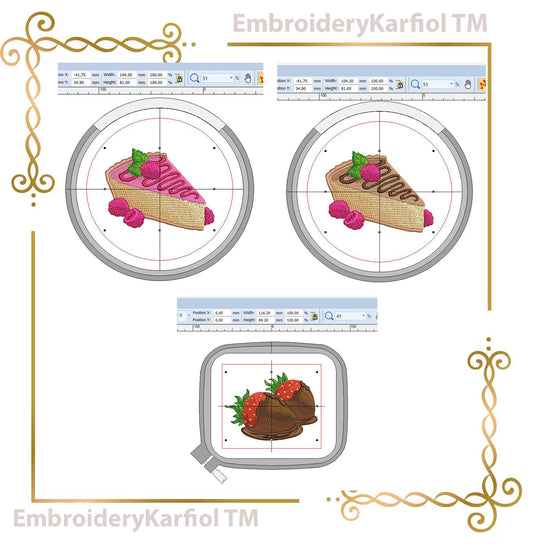 Dessert Embroidery Design Set – Chocolate, Raspberry Cakes, Strawberries (Instant Download)