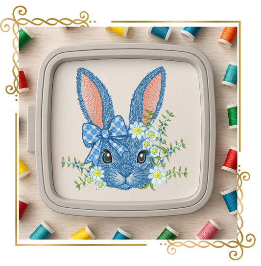 Blue Easter Bunny with Flowers and Bow – Spring Embroidery Design for big Hoops, digital Machine Embroidery designs
