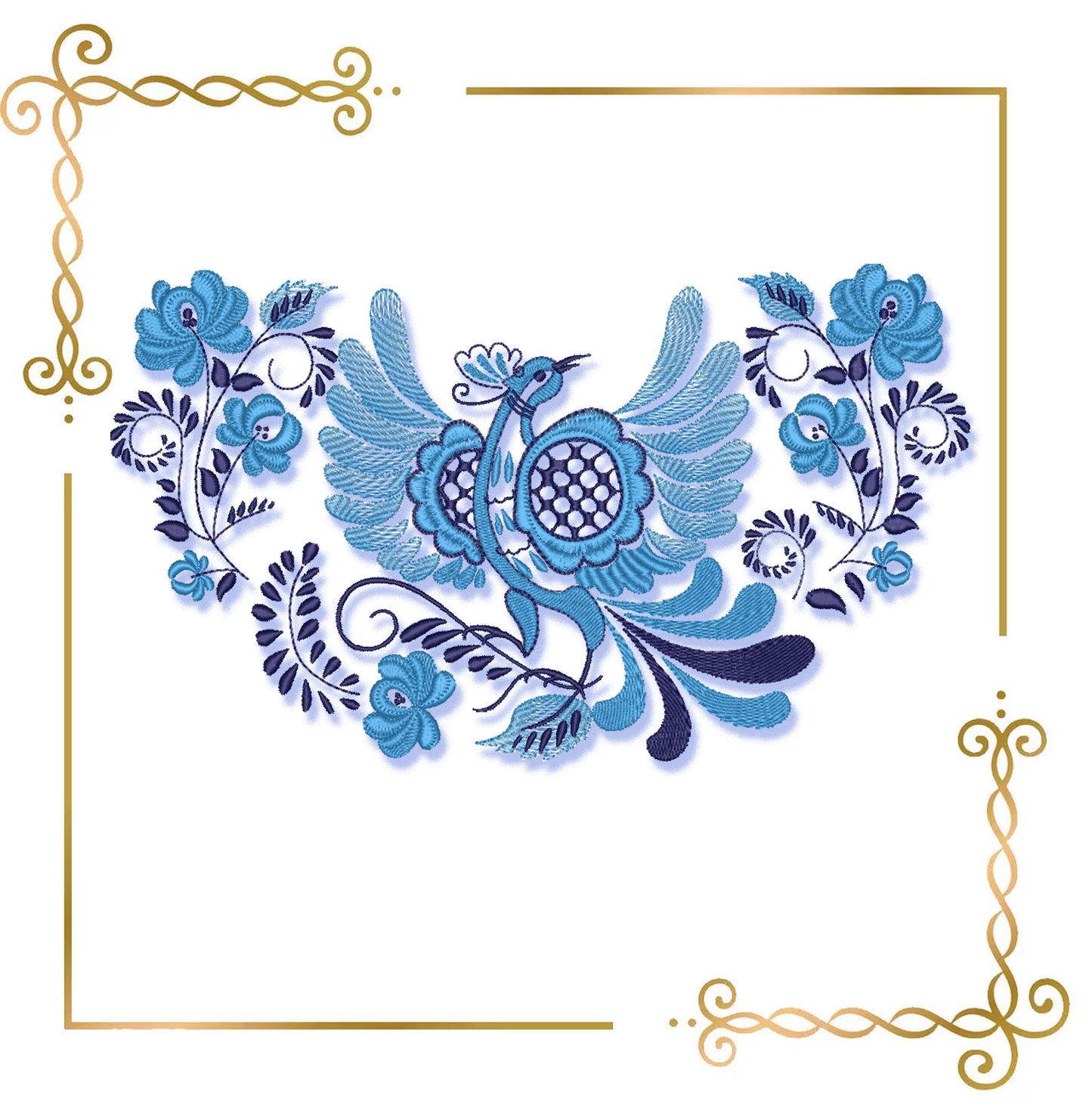 Flowers Blue Firebird, Folk Bird, Blue Folk Firebird Embroidery design Floral 2 Sizes - Instant Download