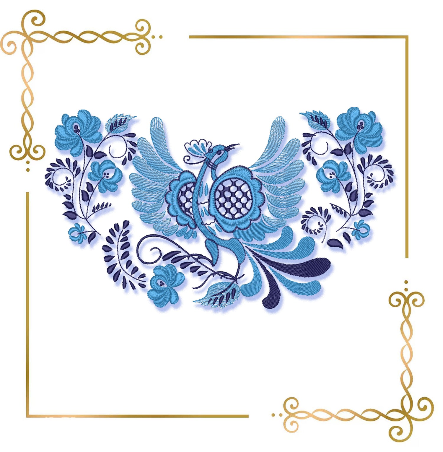 Flowers Blue Firebird, Folk Bird, Blue Folk Firebird Embroidery design Floral 2 Sizes - Instant Download