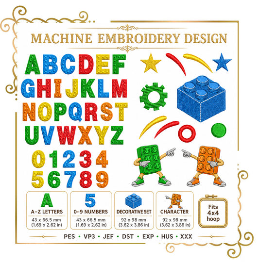 Building Block Alphabet,  Set, A-Z Letters, Numbers, Characters and SET - Machine Embroidery design  (Digital Download)