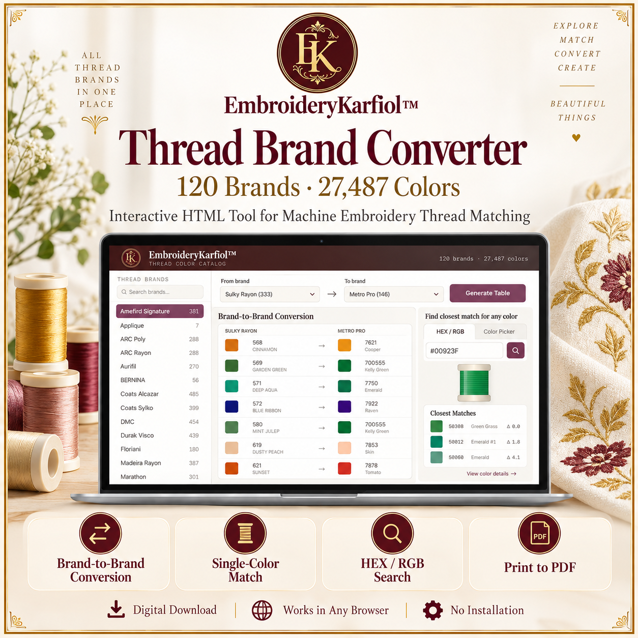 Interactive Thread Brand Converter | 120 Brands | Brand-to-Brand Color Conversion Table | RGB/HEX | Print to PDF | Instant Download
