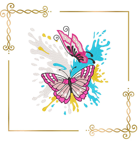 Magnificent Butterflies on Colorful Paint Splashes – Embroidery Design Instant Download