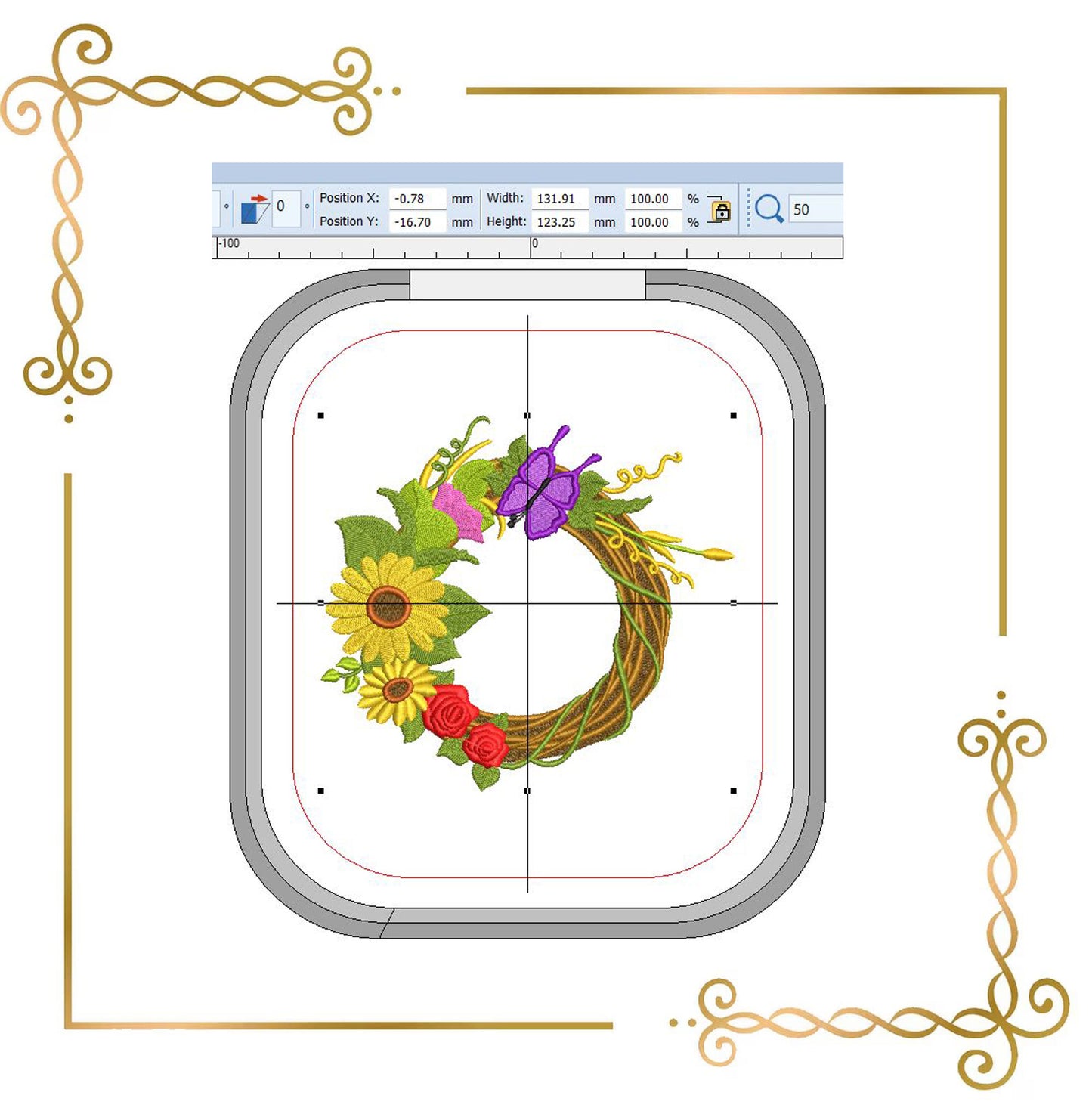 Halloween - Autumn Wreath Machine Embroidery Design, Sunflowers, Grapes and Butterfly (Digital Download)