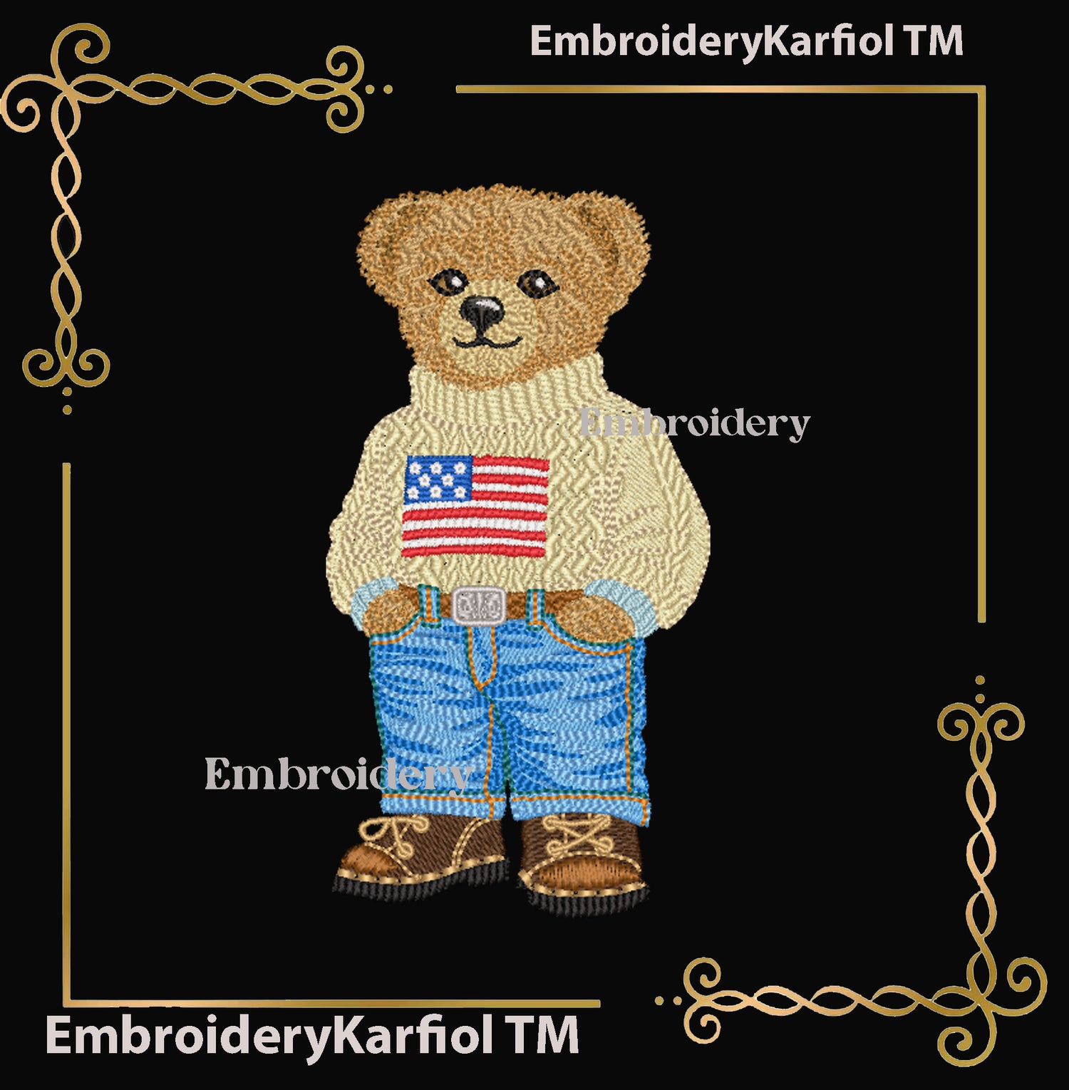 Teddy Bear Embroidery Design – American Flag Sweater, Preppy Style (Instant Download 2 Sizes)